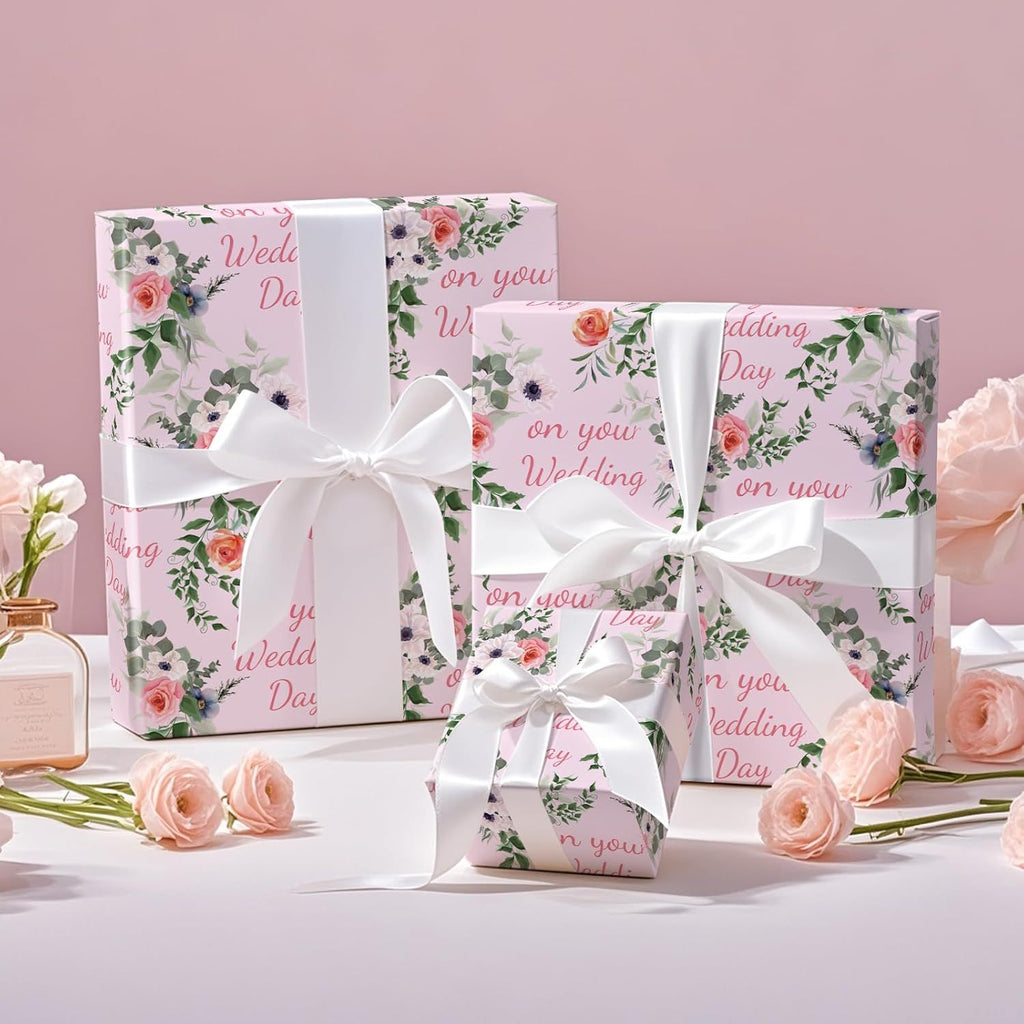 Wedding Wrapping Paper Roll for Couples, Mini Roll, Elegant Floral Design with On Your Wedding Day Design, Romantic Gift Wrap for Bridal Shower, Anniversary, 17 Inches x 16.4 Feet