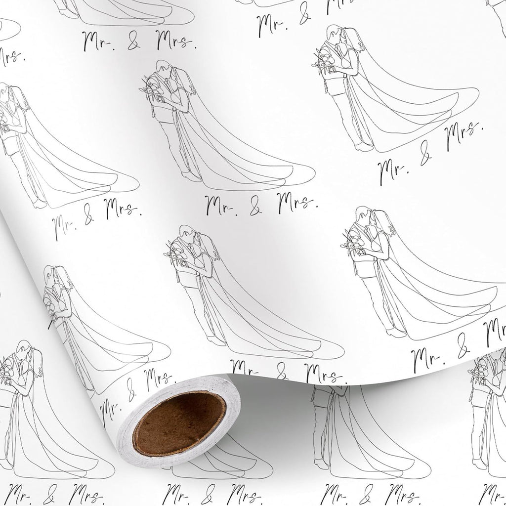 Wedding Wrapping Paper Roll for Couples, Mini Roll, Elegant Line Bride and Groom with Mr. & Mrs. Text Design, Romantic Gift Wrap for Wedding, Engagement, Anniversary, 17 Inches x 16.4 Feet