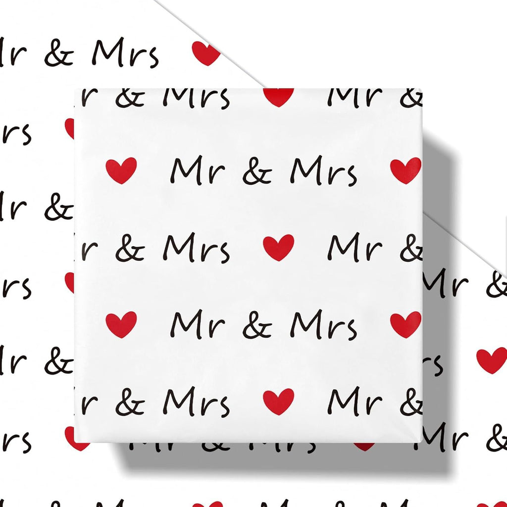 Wedding Wrapping Paper Roll for Couples, Mini Roll, Romantic Mr & Mrs Text with Red Hearts Design, Elegant Gift Wrap for Wedding, Anniversary Bridal Shower, 17 Inches x 16.4 Feet