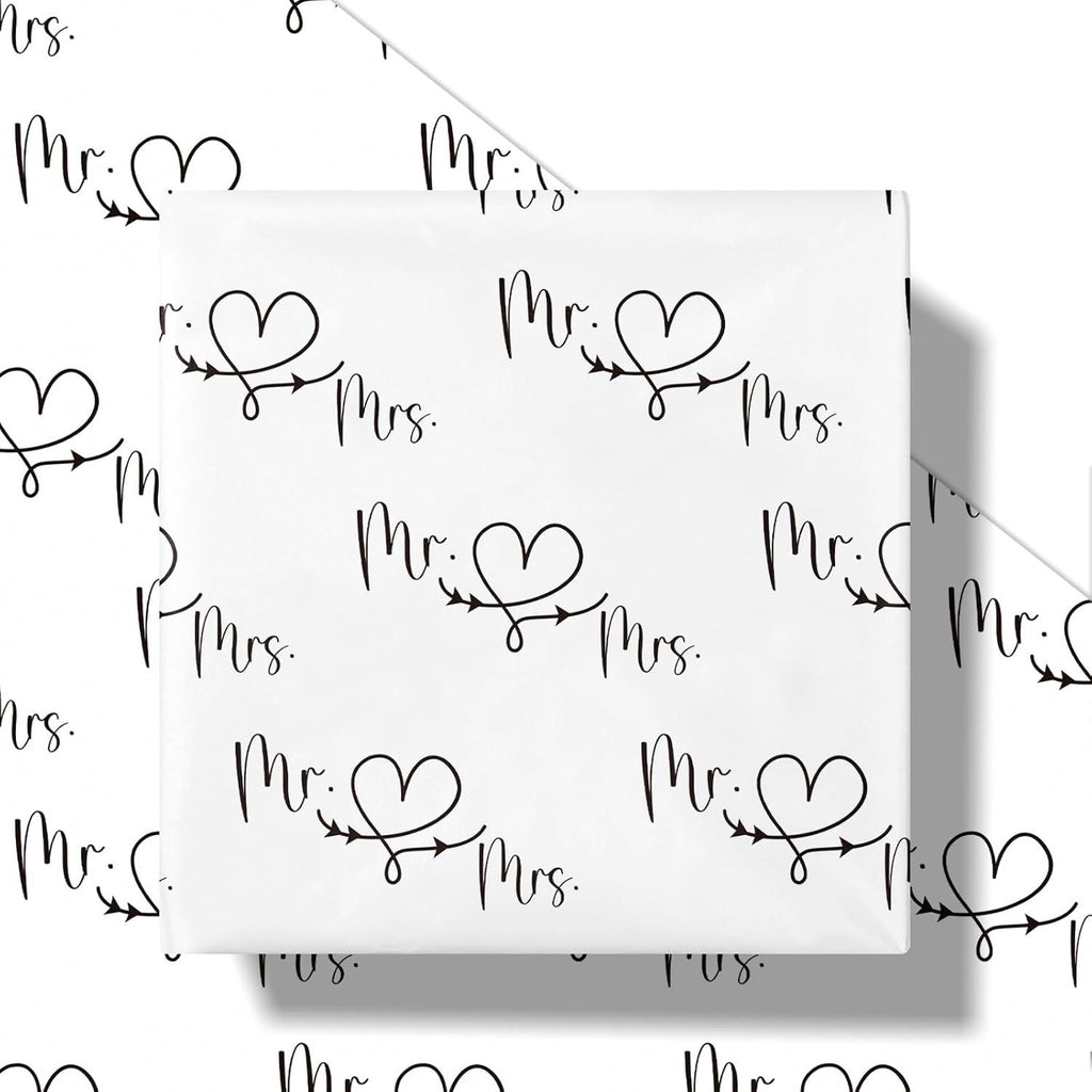Wedding Wrapping Paper Roll, Mini Roll, Black and White Mr. & Mrs. Design with Heart and Arrow Pattern, Romantic Gift Wrap for Wedding, Engagement, Anniversary, 17 Inches x 16.4 Feet