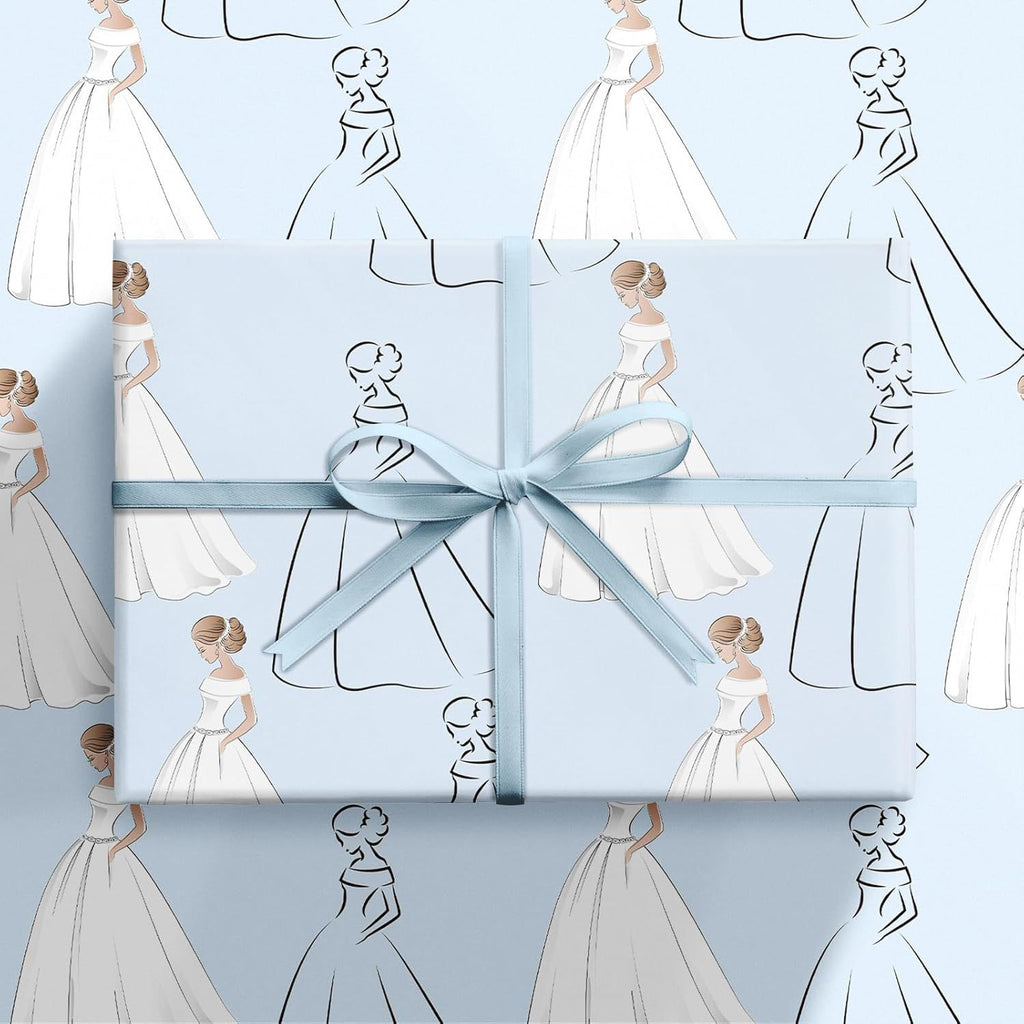 Wedding Wrapping Paper Roll, Mini Roll, Elegant Bride Illustration with Wedding Dresses Design, Light Blue Gift Wrap Paper for Bridal Shower and Anniversary, 17 Inches x 16.4 Feet