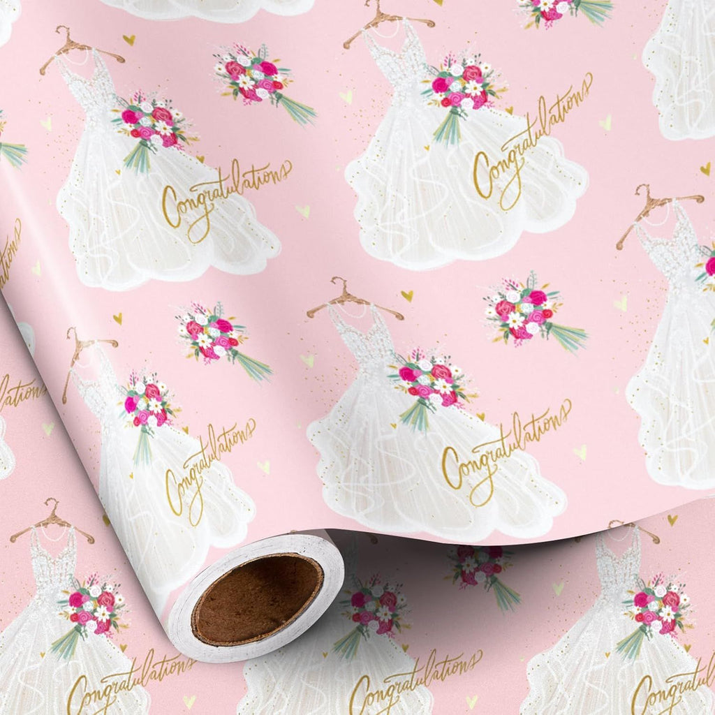 Wedding Wrapping Paper Roll, Mini Roll, Pink Gift Wrap with Wedding Dress, Flower and Congratulations Lettering Design, Perfect for Bride Gift, Engagement, Bridal Shower, 17 Inches x 16.4 Feet