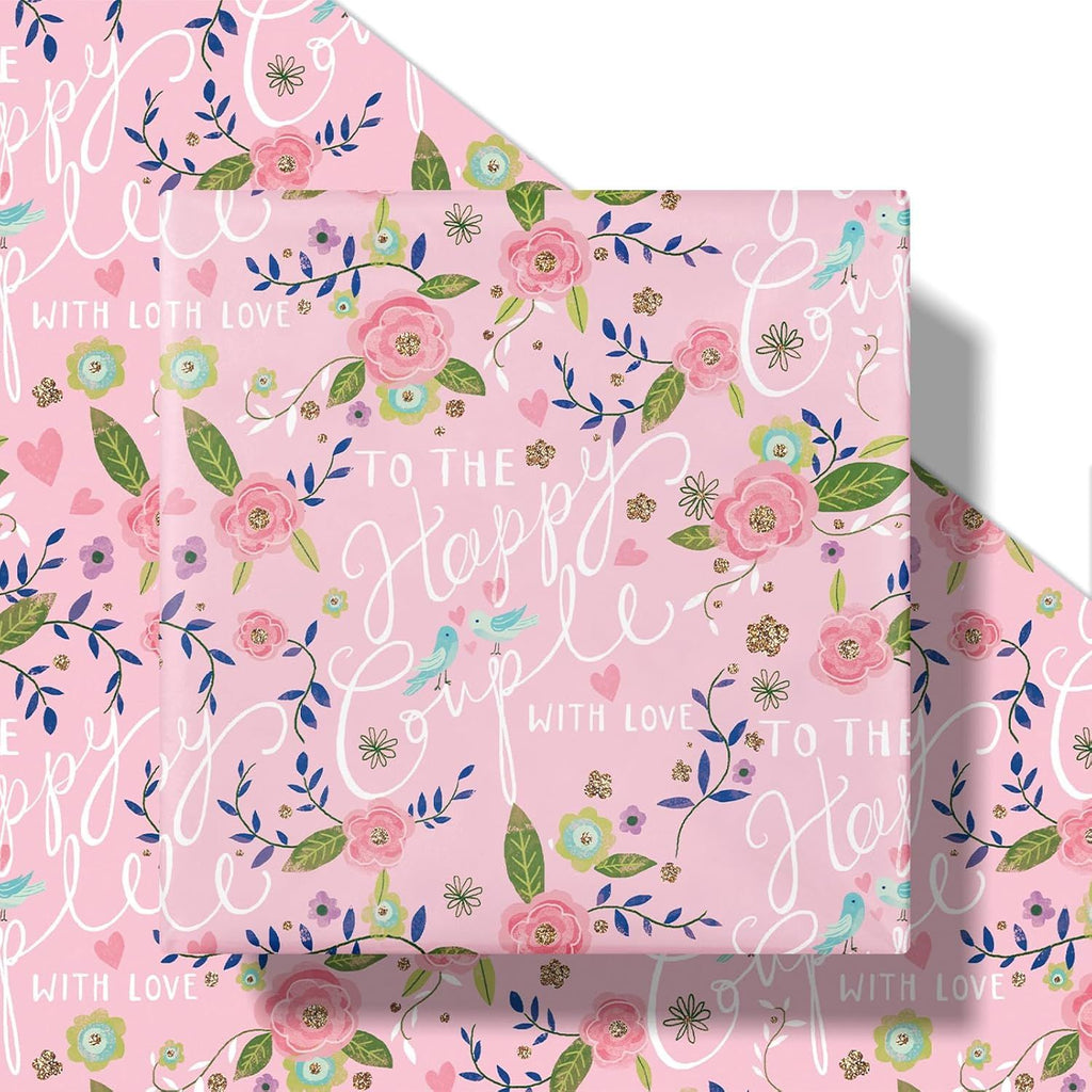 Wedding Wrapping Paper Roll, Mini Roll, Romantic To the Happy Couple with love Gift Wrap with Floral and Bird Design Perfect for Wedding, Anniversary, Engagement, 17 Inches X 16.4 Feet