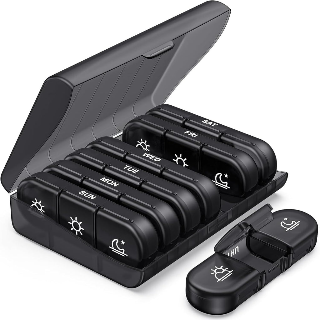 Weekly Pill Organizer 3 Times a Day, Light-Proof Pill Case for Pills | Portable Travel Pill Box 7 Day, Large Pill Containers for Vitamins, Medication, Supplements and Fish Oils (Black)