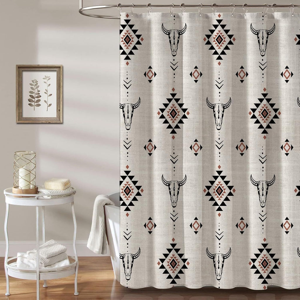 Western Aztec Linen Shower Curtain- Boho Farmhouse Fabric Shower Curtain Set, Ethnic Southwest Bull Skull Cow Shower Curtains for Bathroom, 72x72 Bath Curtain