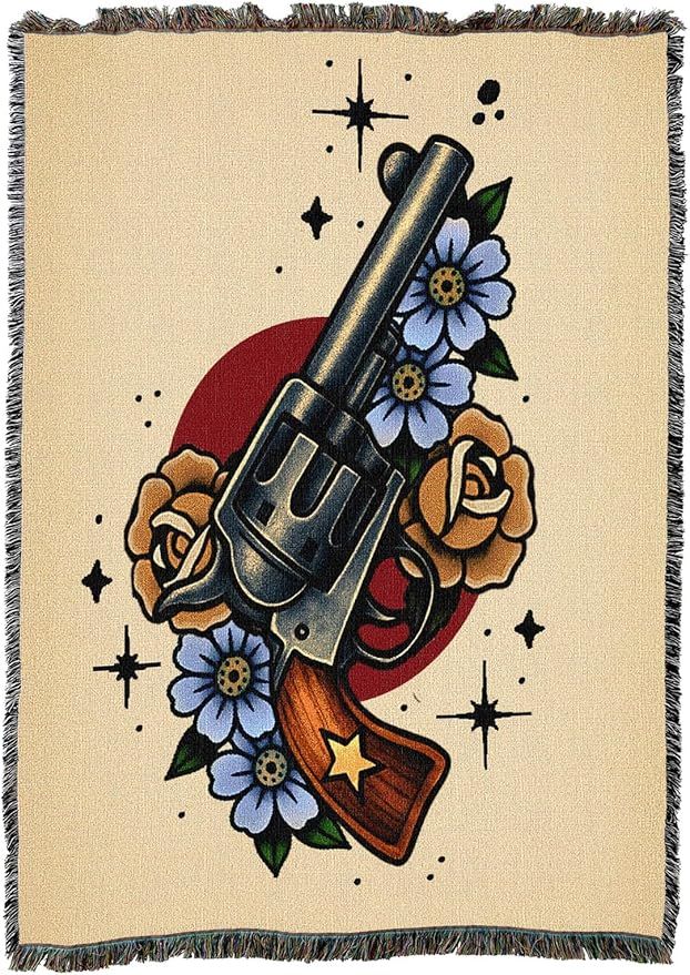 Western Bloom - Tattoo Design - Tapestry Throw Blanket Woven from Cotton - Made in The USA (50x60)