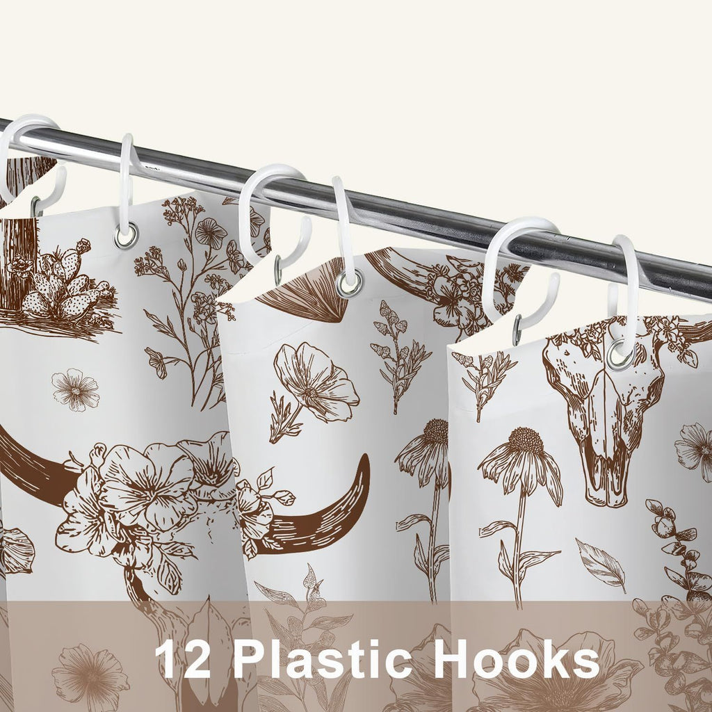 Western Cow Skull Shower Curtain, Brown Rustic Country Farmhouse Tribal Abstract Wildflower Shower Curtains, West Desert Cactus Plant Cow Print Bathroom Curtain Decor with Hooks 72Wx72H