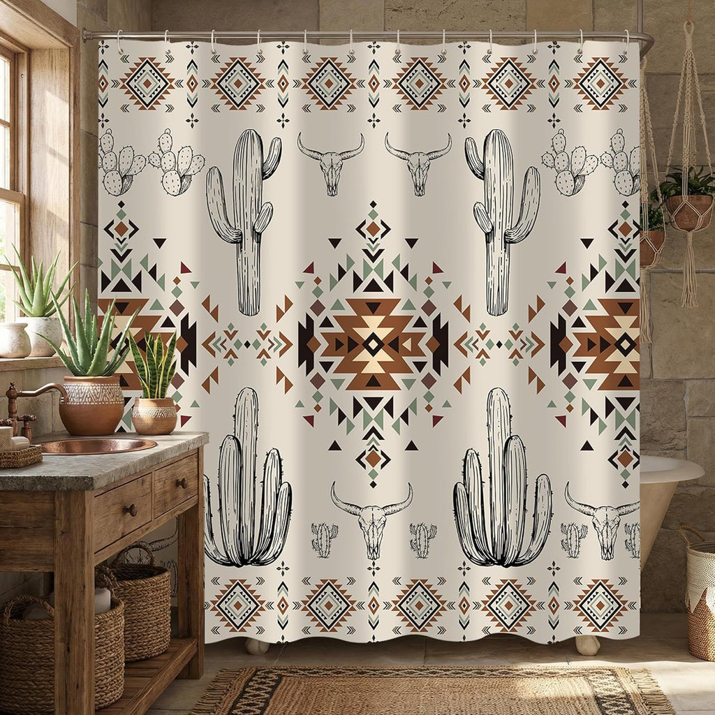 Western Shower Curtain, Rustic Country Southwestern Aztec Tribal Geometric Cactus Shower Curtain fo Bathroom Decor Set, Polyester Waterproof Bath Curtains with 12 Hooks 72x72 inch