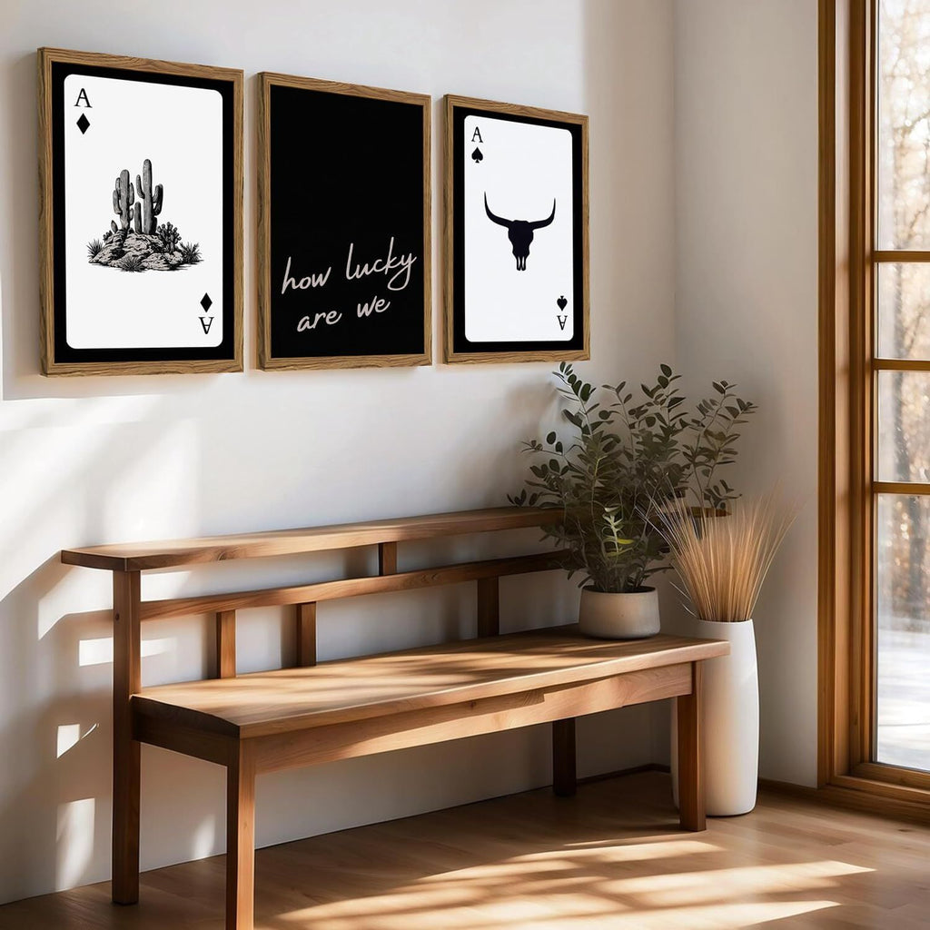 Western Wall Art Set of 3, Southwestern Cowboy Playing Card Wall Decor, Longhorn Bull Skull and How Lucky are We Poster Canvas Painting Prints for Bedroom Living Room 12x16 inch Wood Framed