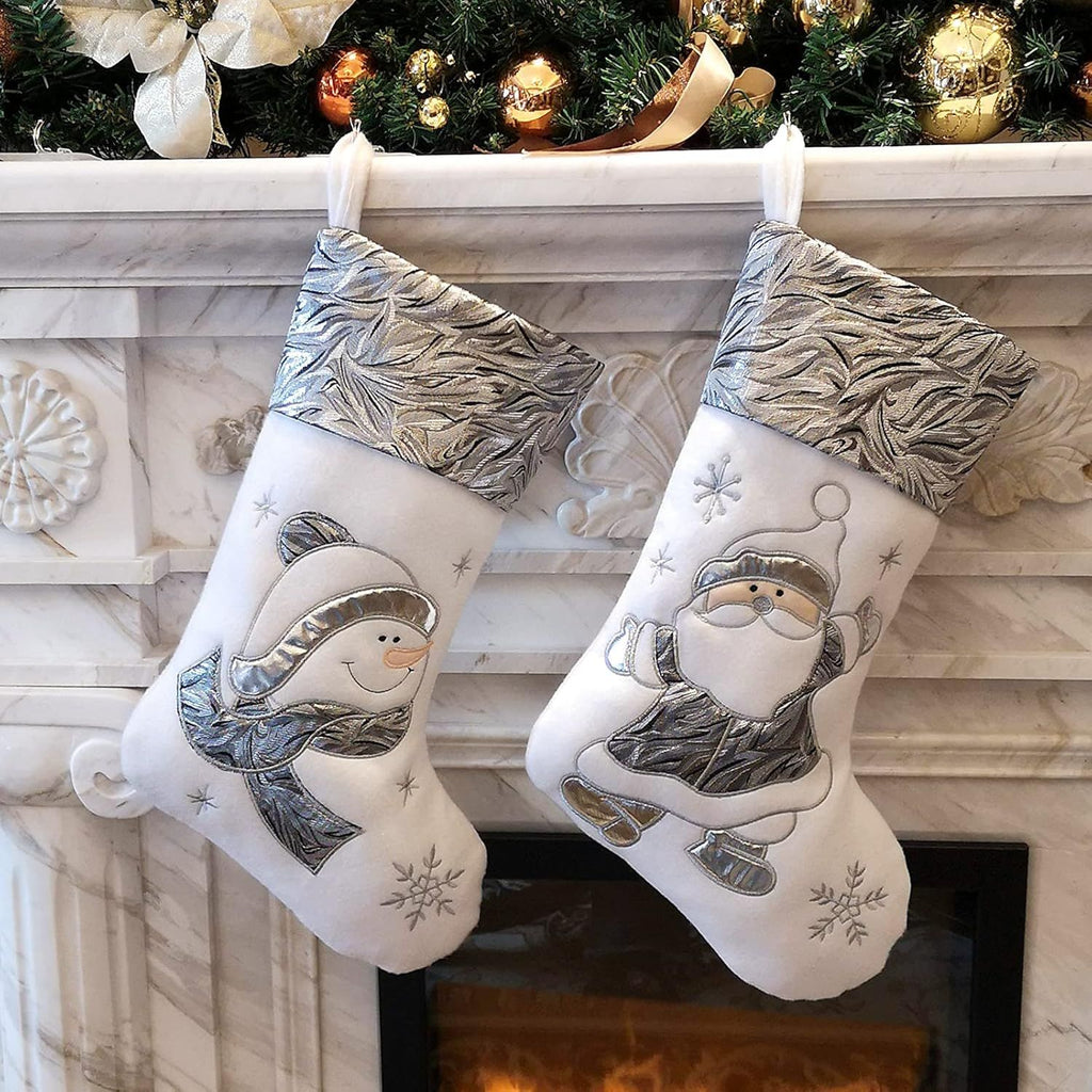WEWILL Classic White Silvery Christmas Stockings Set of 2 Santa, Snowman Xmas Character Fireplace Hanging Stockings 17 inches for Holiday Party Family