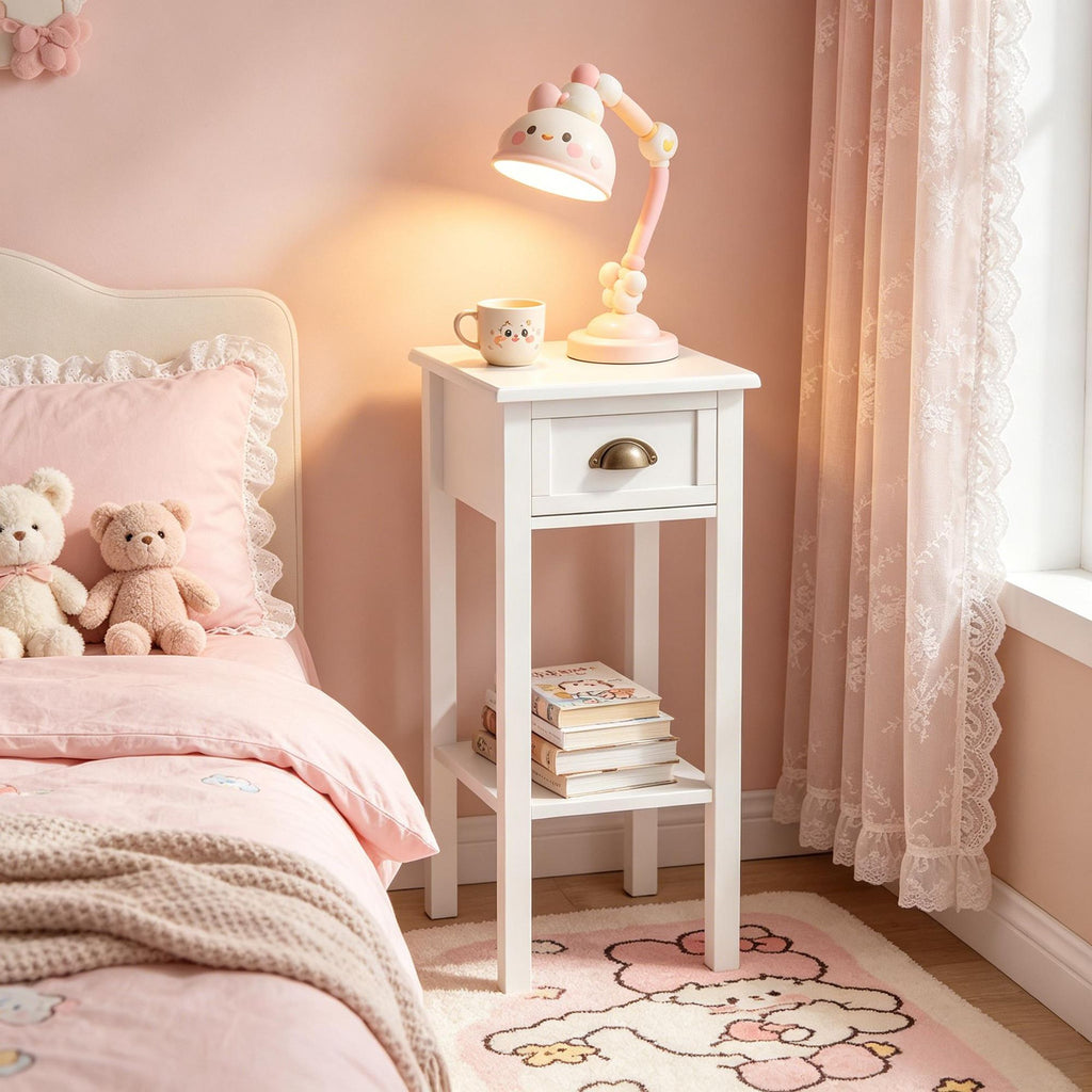 White 2-Tier Side Table with Drawer And Shelf End Table for Living Room And Hallway