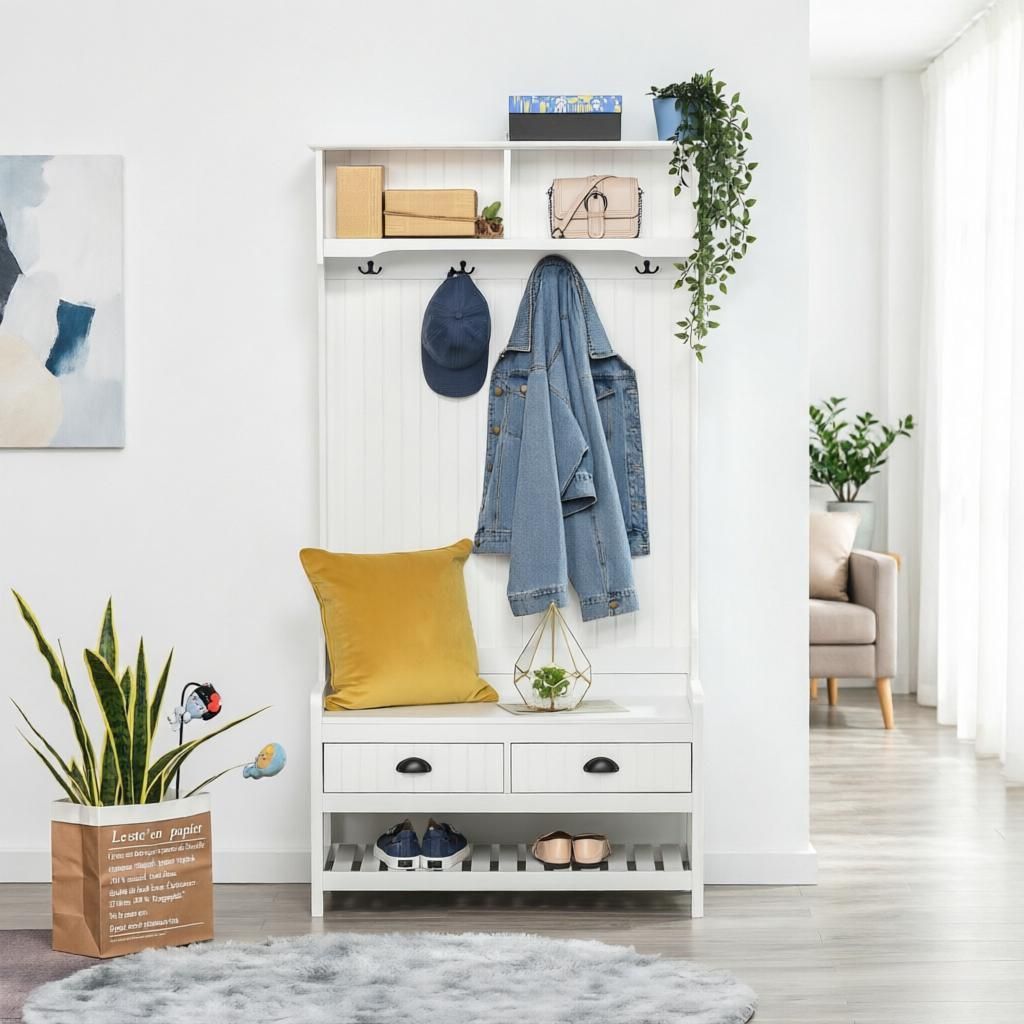 White 3-in-1 Hall Tree Entryway Bench Coat Rack  Shoe Rack with 2 Storage Drawers 4 Hooks Padded Seat Cushions for Hallway