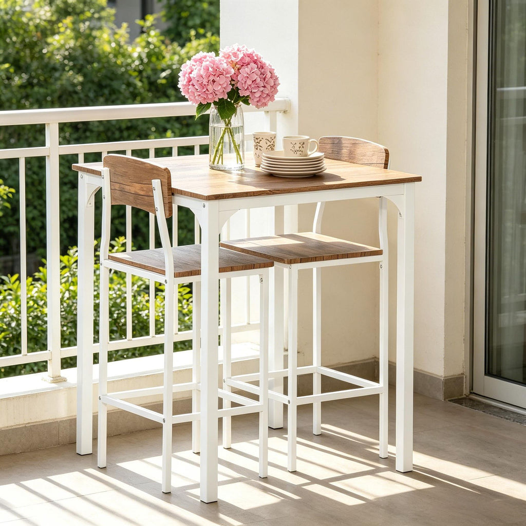White 3 Piece Industrial Counter Height Dining Table Set with Steel Legs And Footrests - Bar Table And Chairs