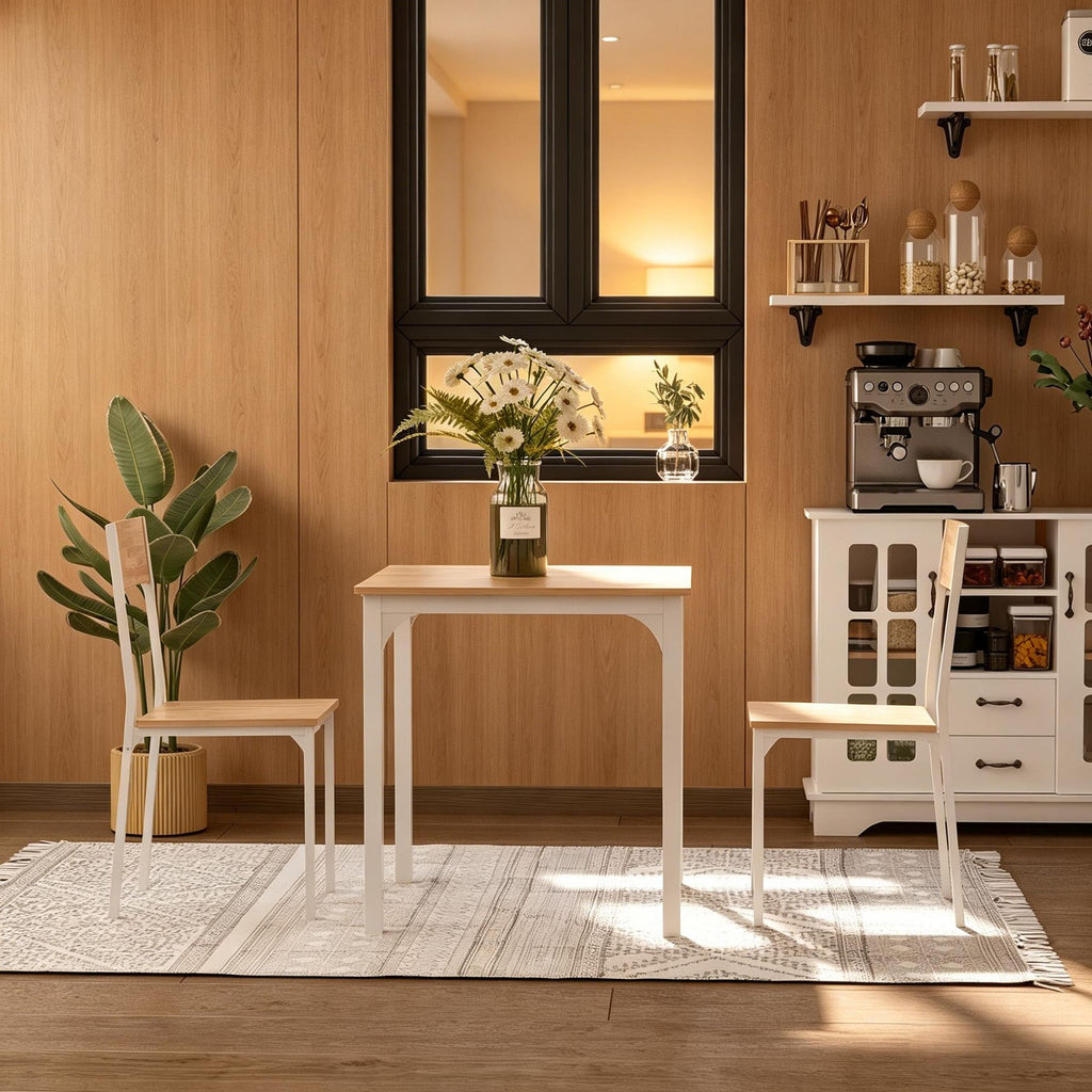 White 3-Piece Wooden Square Dining Table Set with Sturdy Metal Frame - Compact 1 Table And 2 Chairs for Small Space