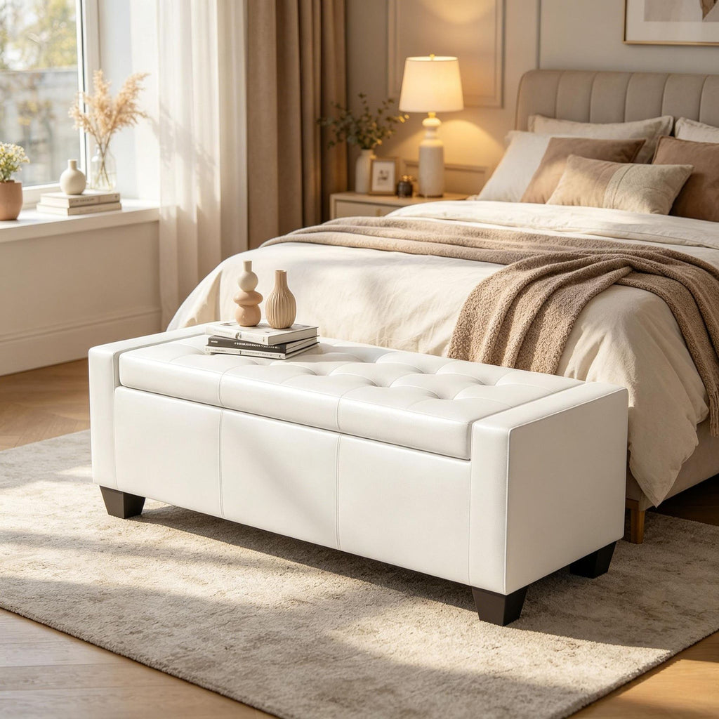 White 50.5 Inch Faux Leather Rectangular Tufted Storage  for Living Room Entryway Bedroom - Living Space Organization