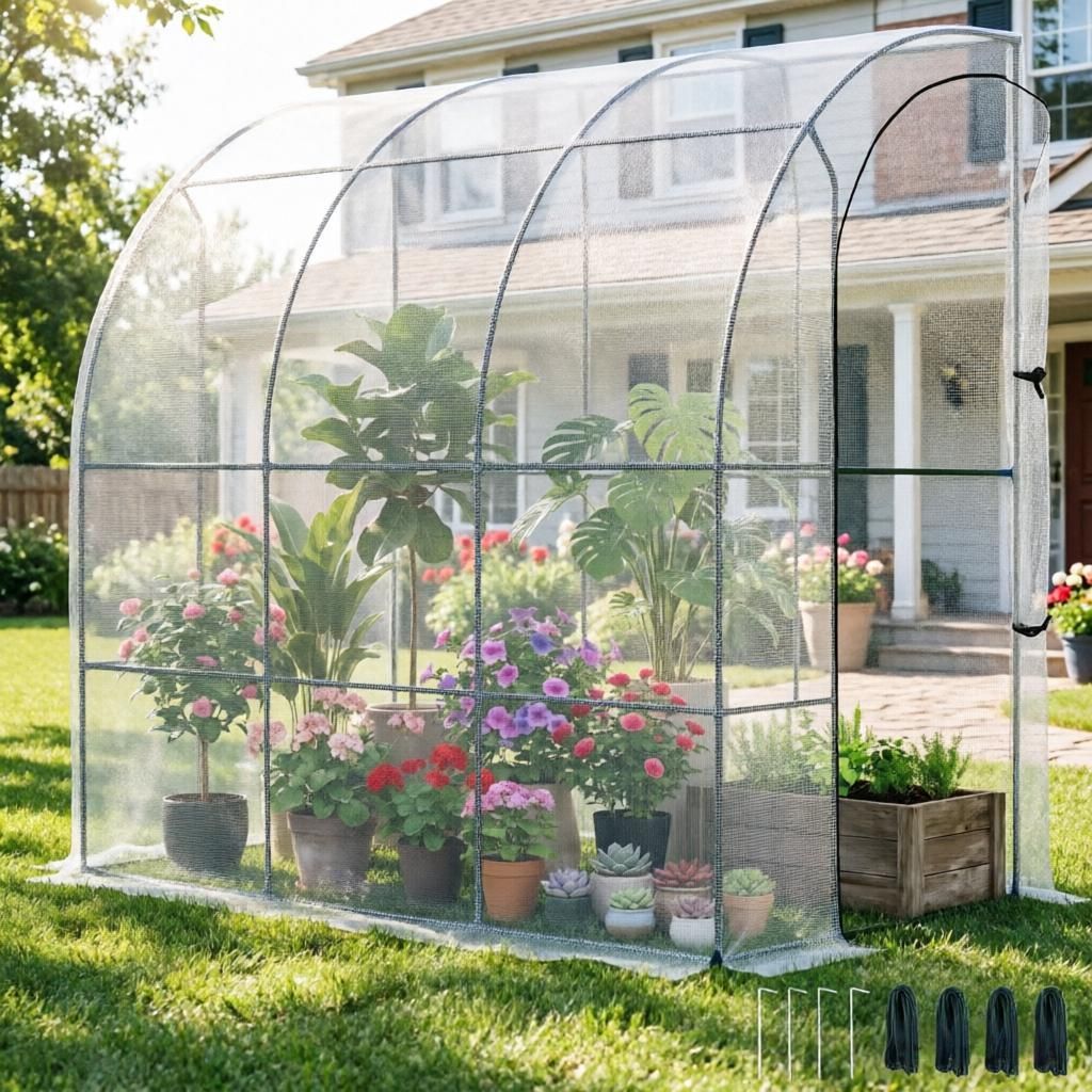 White 7' X 4' X 7' Outdoor Lean-to Greenhouse Walk-In Plant Nursery with Roll-up Window PE Cover