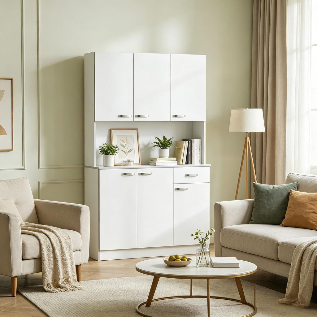 White 71 Inch Kitchen Pantry Cabinet Tall Storage with Microwave Stand Modern Kitchen  Countertop 6 Doors Drawer 3 Adjustable Shelves for Living Dining Room