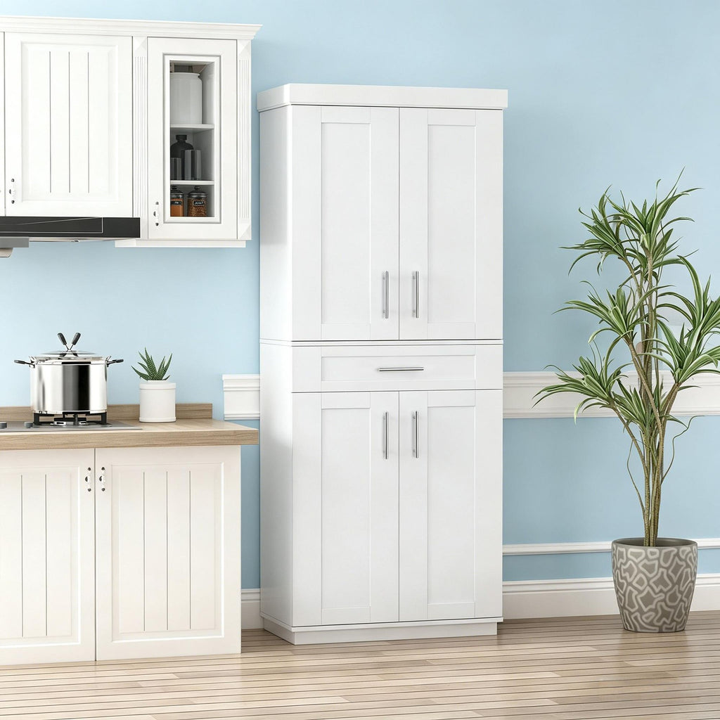 White Adjustable Shelving Pantry Cabinet for Kitchen - Spacious Storage Solution for Families