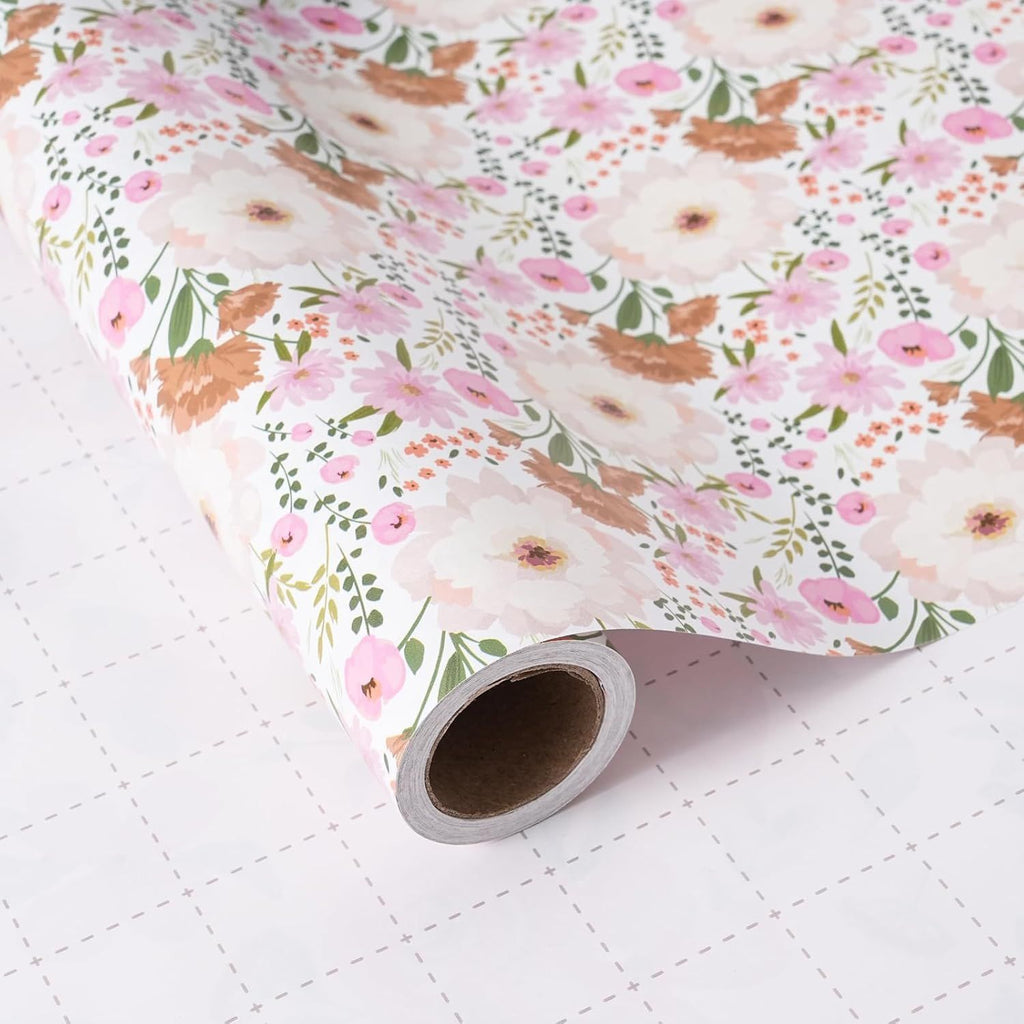 White and Pink Floral Wrapping Paper Roll for Wedding, Bridal Shower, Birthday - Peonies and Daisies Design, 17x16.5 Feet with Cut Lines, Gift Wrap for Mother's Day