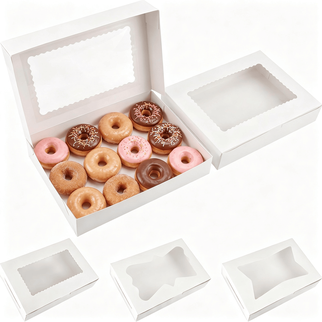 White Bakery Boxes with Window 48 Pack, 12x8x2.5 Inch Cookie Boxes with 3 Window Styles, Food Grade White Cardboard Donut Boxes for Pastries Cupcakes Treats, Includes 15 Kraft Stickers