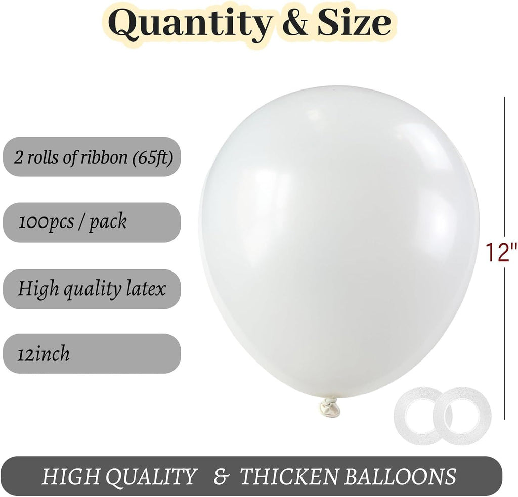 White Balloons 100 Pack 12 Inch White Latex Party Balloons with 2 Rolls of Ribbon Helium Balloons for Wedding Birthday Party Baby Shower Engagement Anniversary Decorations