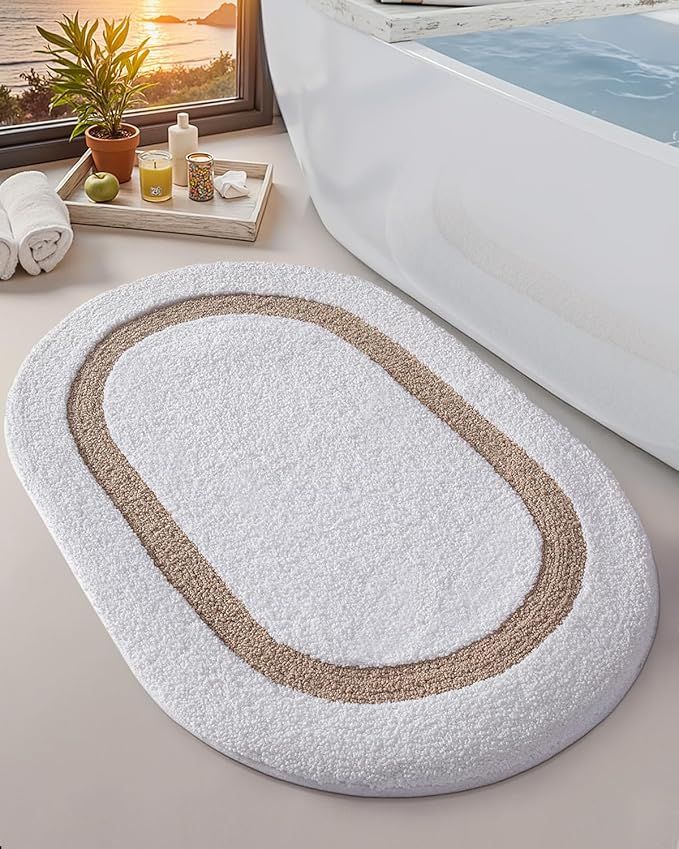 White Bath Mat Oval Bathroom Rug, 17x30 Non Slip Washable Bathroom Mats, Soft Absorbent Bath Rugs with Quick Dry Microfiber for Shower Floor, White and Beige