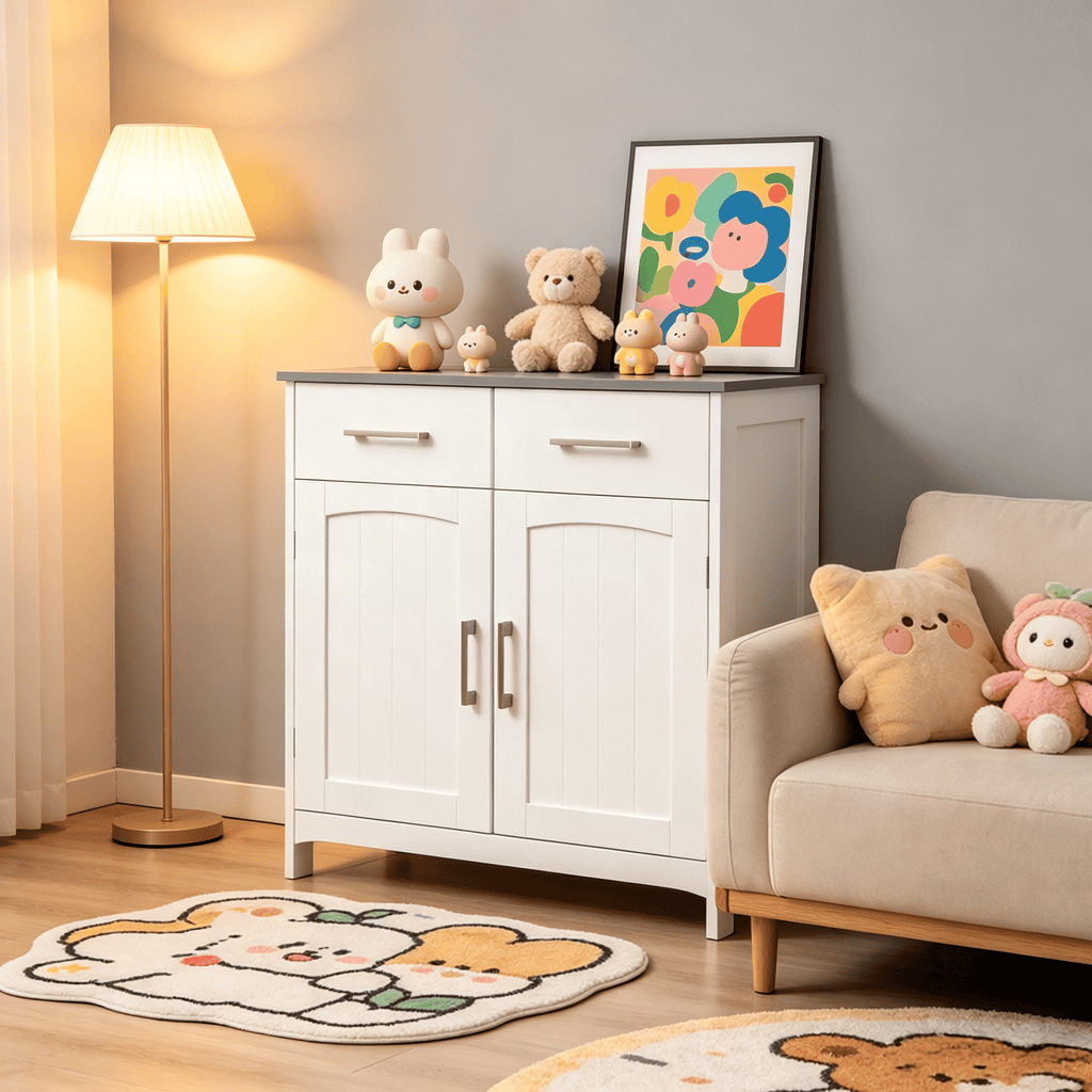 White Bathroom Floor Cabinet Freestanding Linen Storage with 2 Drawers Double Doors Adjustable Shelf for Bath Decor