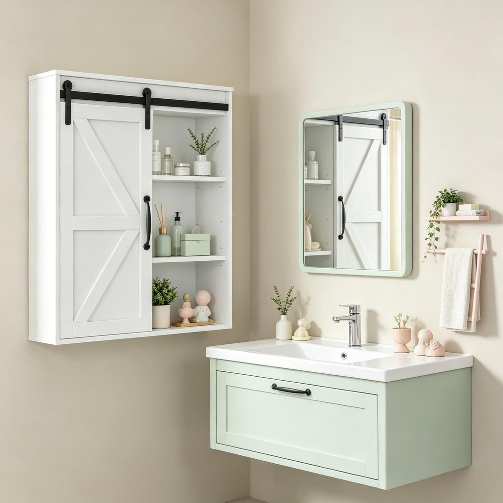 White Bathroom Medicine Cabinet Wall Mounted with Sliding Door And Adjustable Shelf 22.75 X 7.75 X 24.5 Inches Storage Organizer