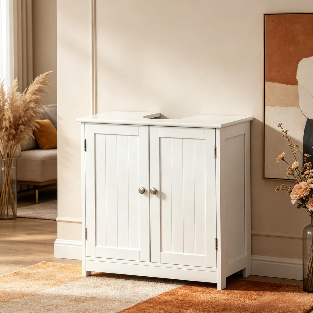 White Bathroom Vanities Sink Cabinet with U-Shape Cut-Out And Adjustable Internal Shelf Modern Bathroom Storage Solution