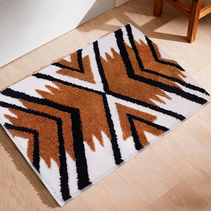 White Boho Bathroom Rugs Aztec Bath Mat Non Slip Microfiber Absorbent Bath Mat Washable Farmhouse Carpet for Shower Kitchen Western Bathroom Decor,20x32