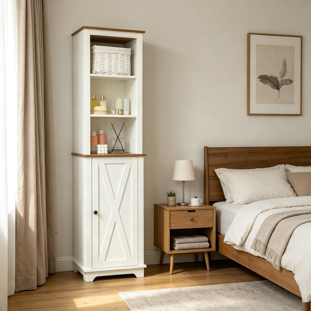 White Farmhouse Bathroom Cabinet Tall Storage with Door And Adjustable Shelves 15.5" X 11.75" X 63" for Bathrooms