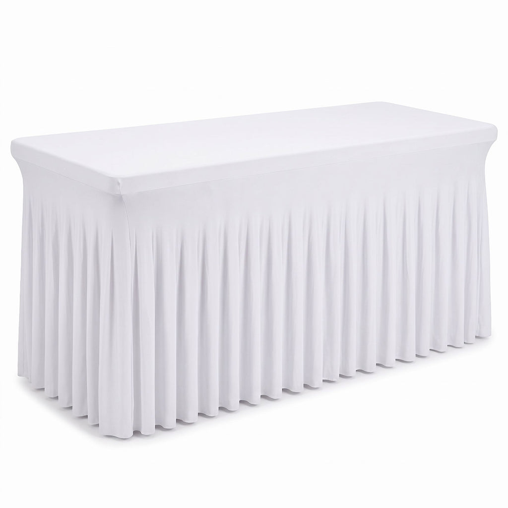 White Fitted Table Skirt for 6FT Rectangular Tables - Spandex Stretch Tablecloth Cover, 72"L x 30"W x 29"H, Wrinkle-Free Water-Resistant Reusable Table Skirting for Wedding Banquet Party Trade Show