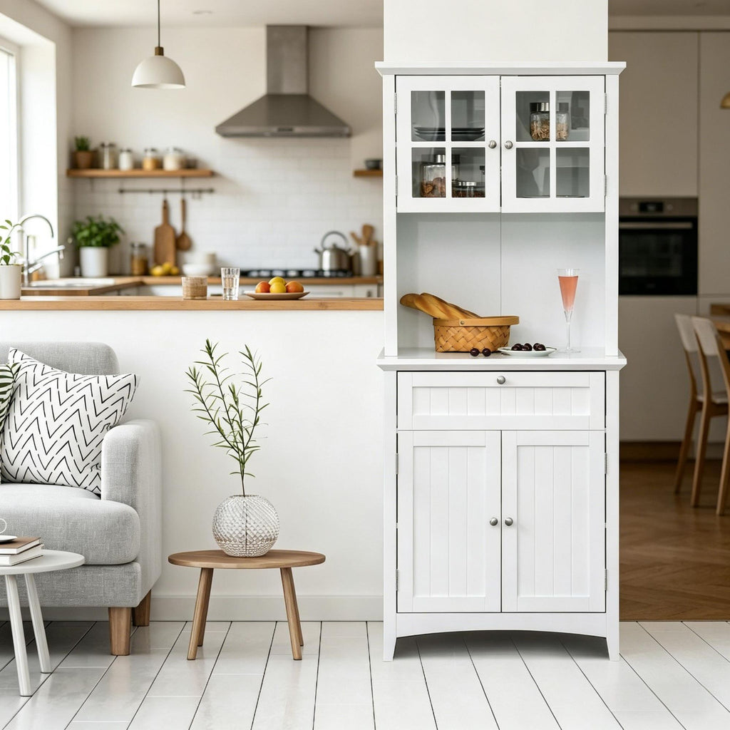 White Freestanding Kitchen Buffet Hutch Cabinet with Glass Door Pantry Storage Cabinet with Drawer And Microwave Space