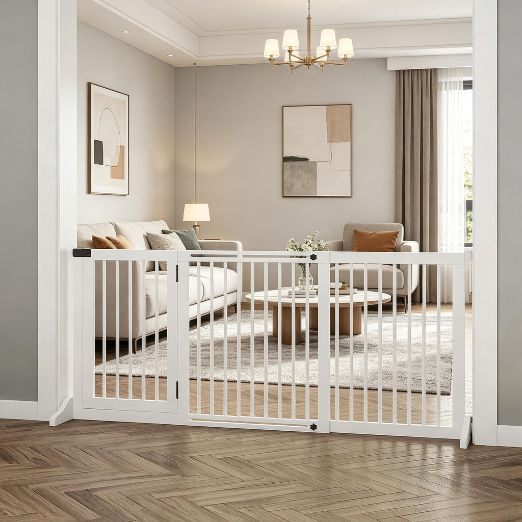 White Freestanding Wooden Pet Gate | Length Adjustable with Lockable Door | 3 Panels | Ideal for Home with Pets