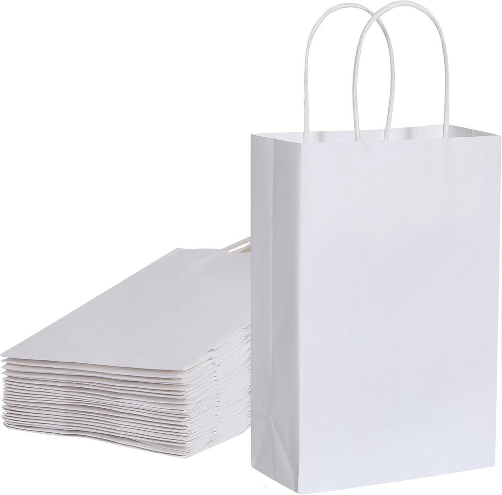 White Gift Bags, 24 Pack Small Kraft Paper Bags, with Handles for Party Favors, Retail, Wedding, Valentine's Day, Birthday Treats