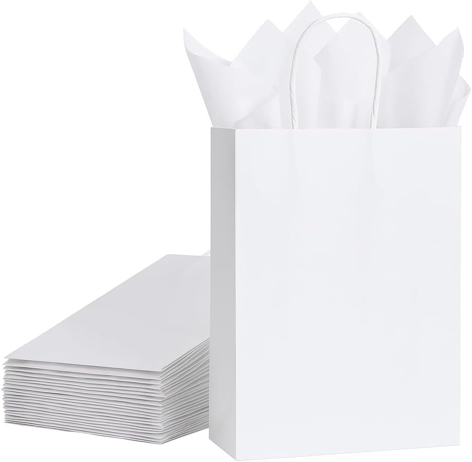 White Gift Bags with Tissue Paper, 24 Pack Small Kraft Paper Bags, 7.9 x 5.12 x 3.15 Inches, Sturdy Handles for Weddings, Baby Showers, Birthdays, Party Favors