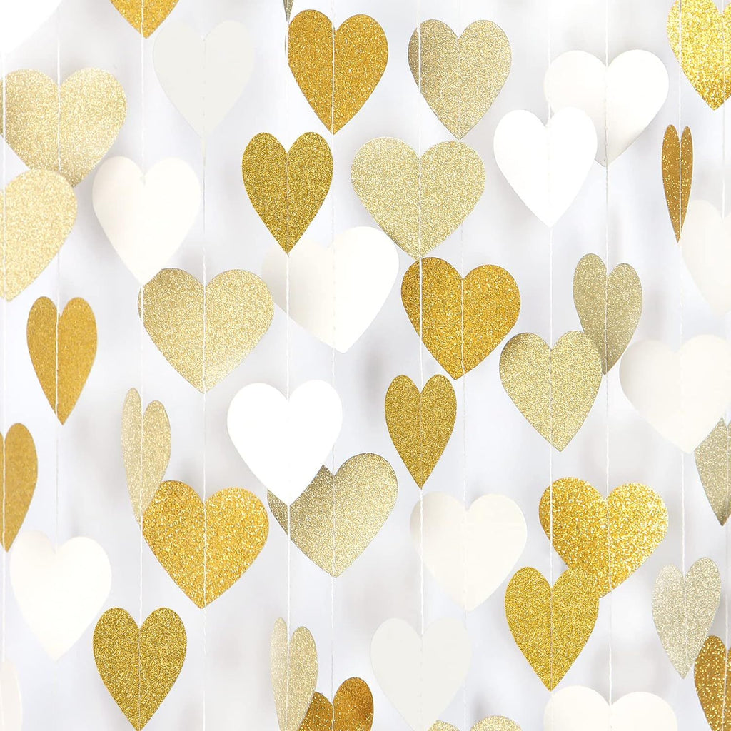 White-Gold Champagne Party-Decorations Heart Streamers Garland - 52Ft Christmas Wedding Engagement Hanging Paper Banner,Bachelorette Neutral Baby Bridal Shower Decor Banners
