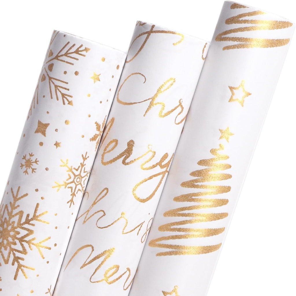 White Gold Merry Christmas Wrapping Paper Rolls Snowflake Merry Christmas Tree Pattern with Glitter Gold Mini Roll-17 Inch x 10 Feet Per roll