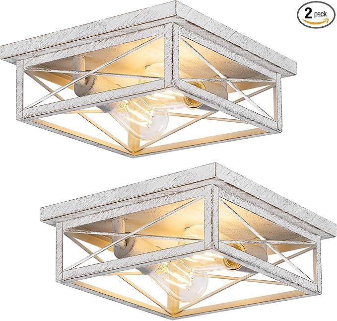 White Hallway Light Fixtures for Ceiling, 2-Light Farmhouse Industrial Flush Mount Ceiling Lights, 2-Pack Metal Kitchen Light Fixtures, Square Close to Ceiling Lights for Bedroom Living Room Entryway