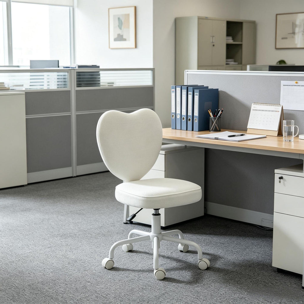 White Heart Love Shaped Back Office Chair Adjustable Height 360 Swivel Castor Wheels Comfortable Vanity Chair