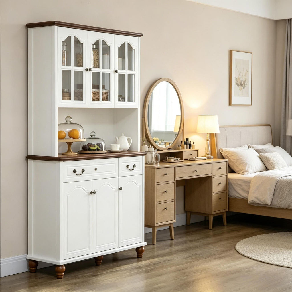 White Kitchen Buffet with Hutch Freestanding Pantry Cabinet 6 Doors 2 Drawers 3 Adjustable Shelves Wood Grain Finish for Storage