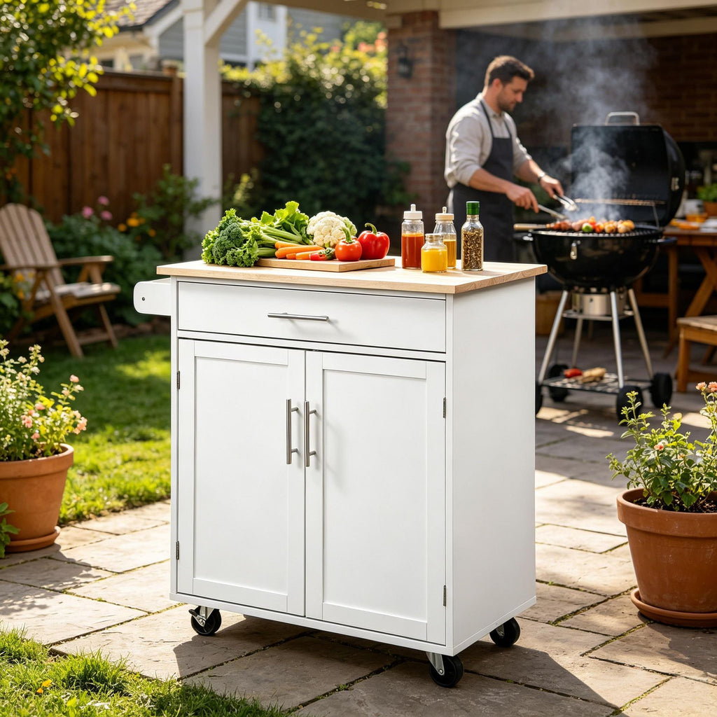 White Kitchen Island Cart Rolling Island Table with Solid Wood Top Trolley Cart with Drawer Storage Cabinet And Towel Rack