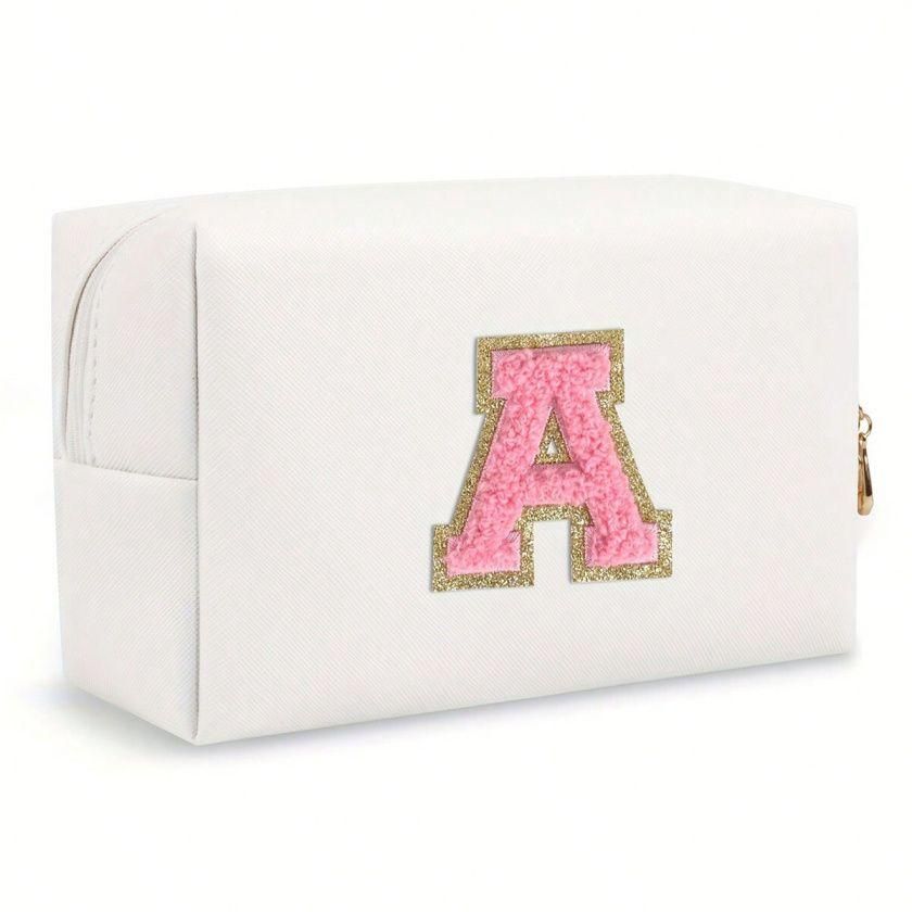 White lightweight nylon makeup bag with chenille letter patch