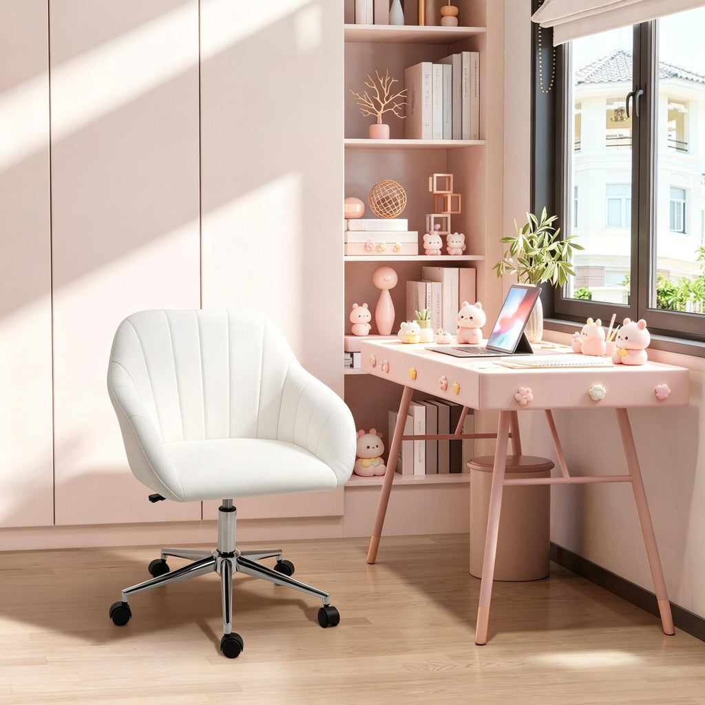 White Mid-Back Home Office Chair with PU Leather Adjustable Height Swivel Wheels for Computer Desk Study Bedroom