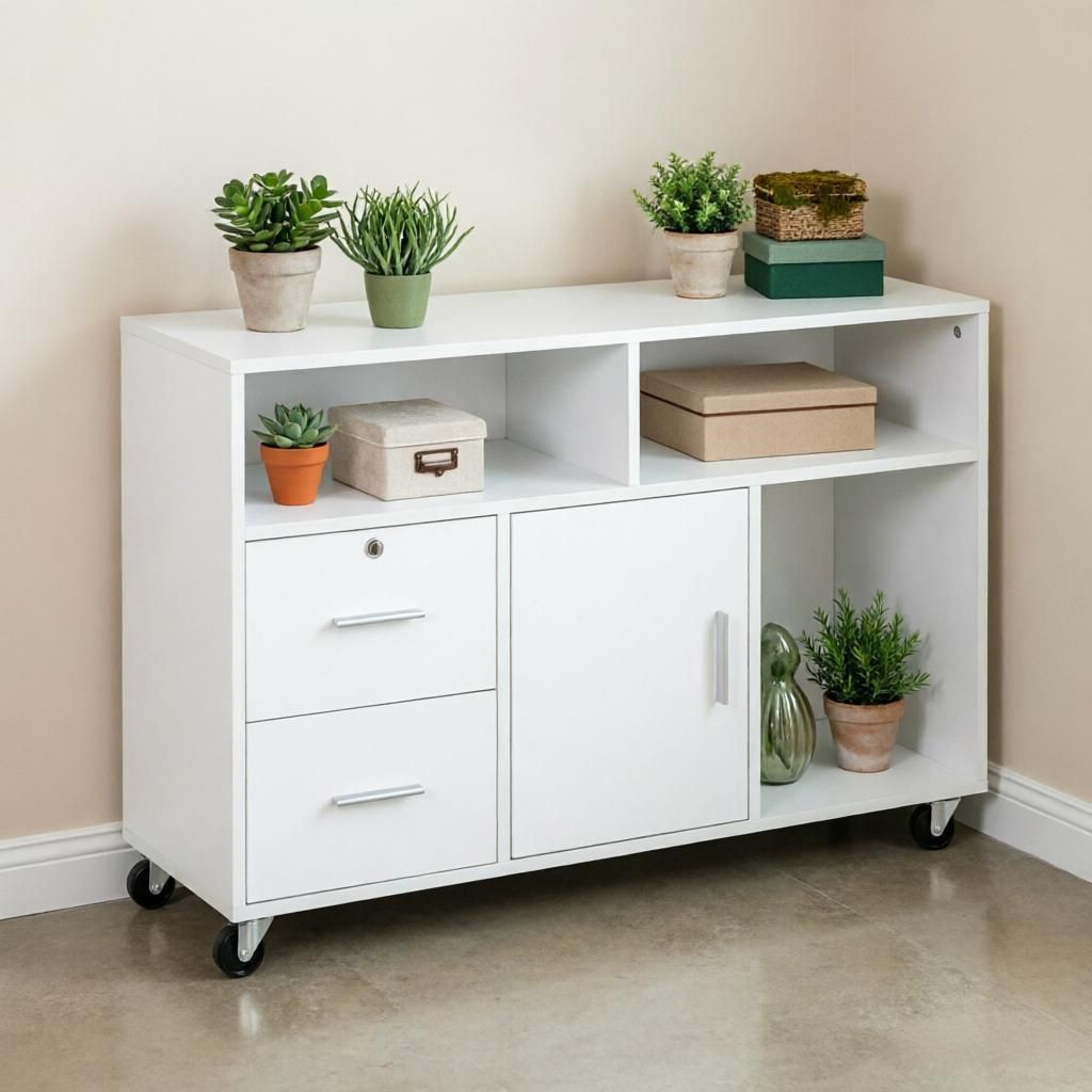 White Mobile Printer Stand with Drawer Home Office Organizer Cabinet on Caster Wheels 2 Locking Brakes for Desktop
