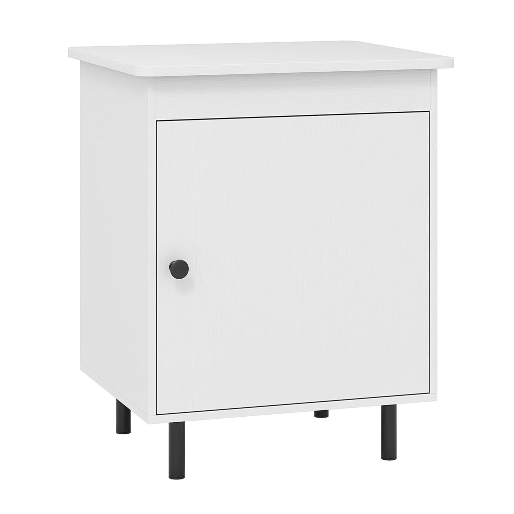 White nightstand with door, featuring ample storage, sleek finish, and metal legs, perfect for living rooms or bedrooms.
Mid-century white nightstand with door, open tabletop, and metal legs, perfect