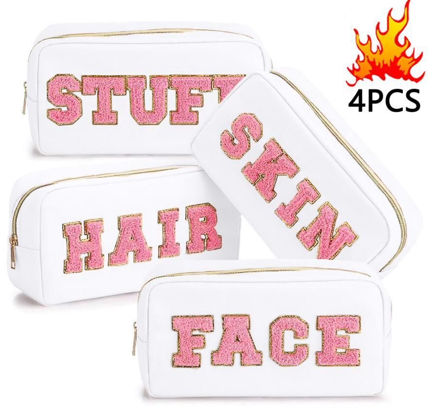 White Nylon Cosmetic Bags with Pink Chenille Patches - 4 Pack Travel Organizer