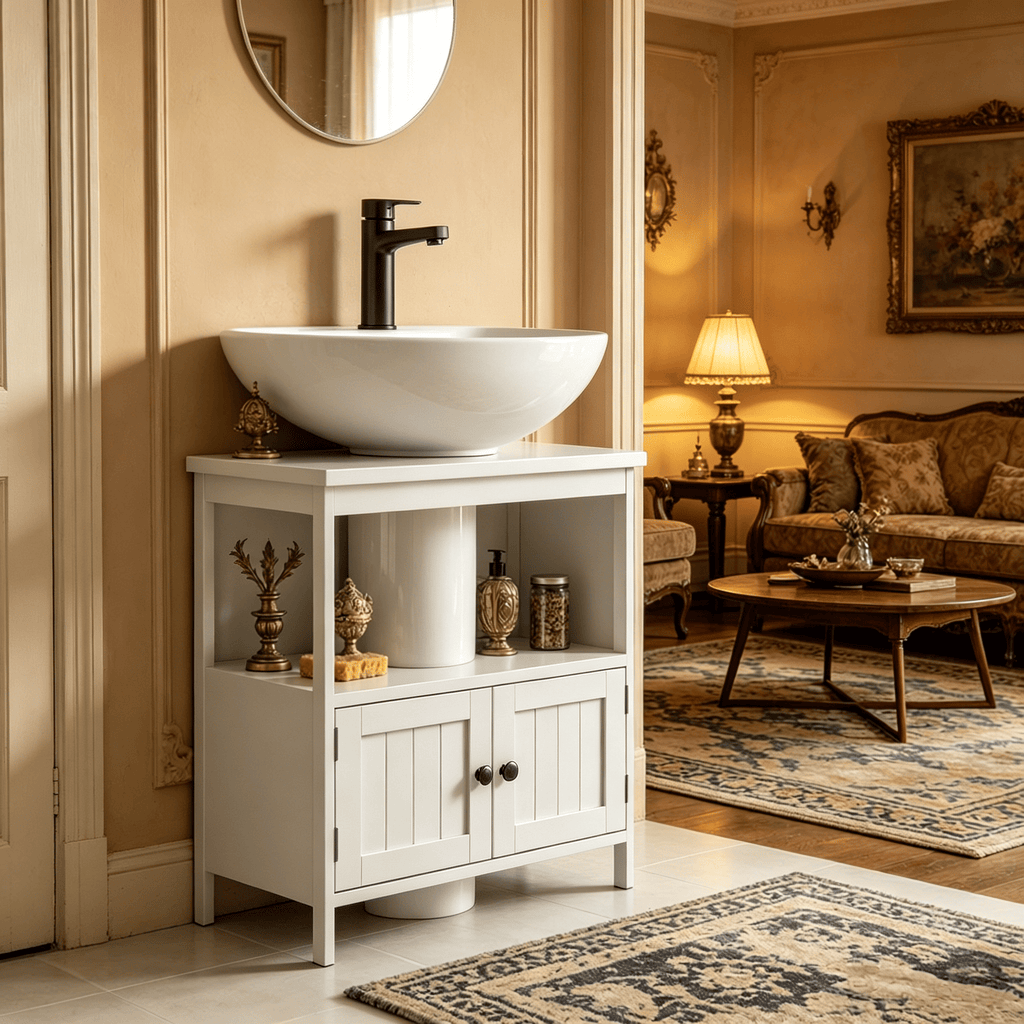 White Pedestal Sink Storage Cabinet Bathroom Vanity with 2 Doors And Open Shelf under Sink Organizer for Bathroom