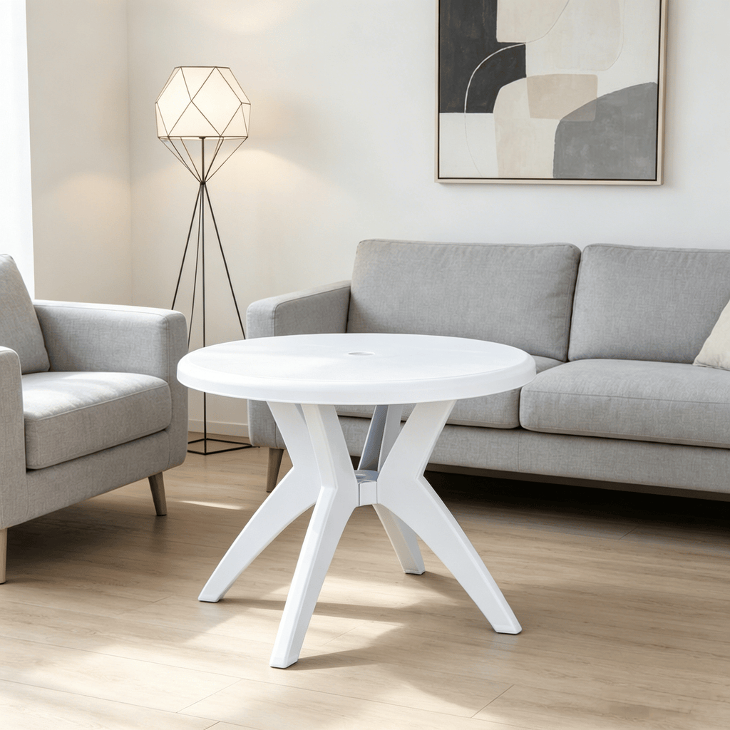 White round Patio Dining Table with Umbrella Hole for Outdoor Bistro Garden Lawn Backyard Furniture