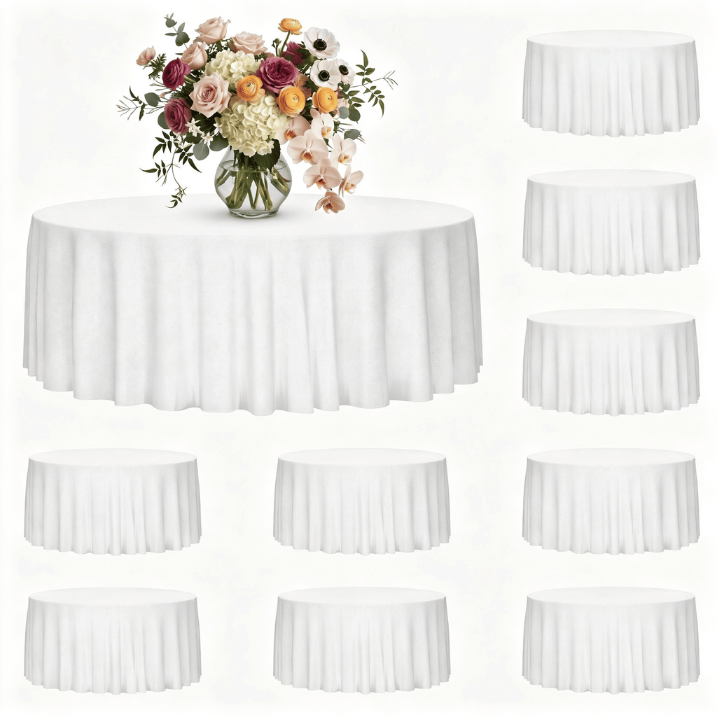 White Round Polyester Tablecloth 120 Inch, Set of 10, 130GSM Machine Washable Wrinkle Resistant, Fits 60in/152cm Tables, 30in Drop, for Wedding Banquet Party